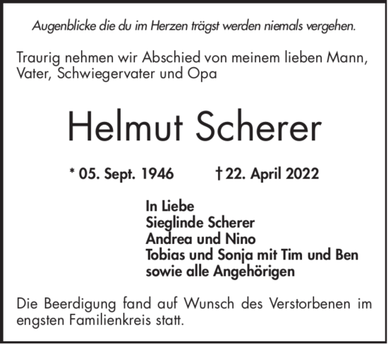 Traueranzeige von Helmut Scherer von Mannheimer Morgen