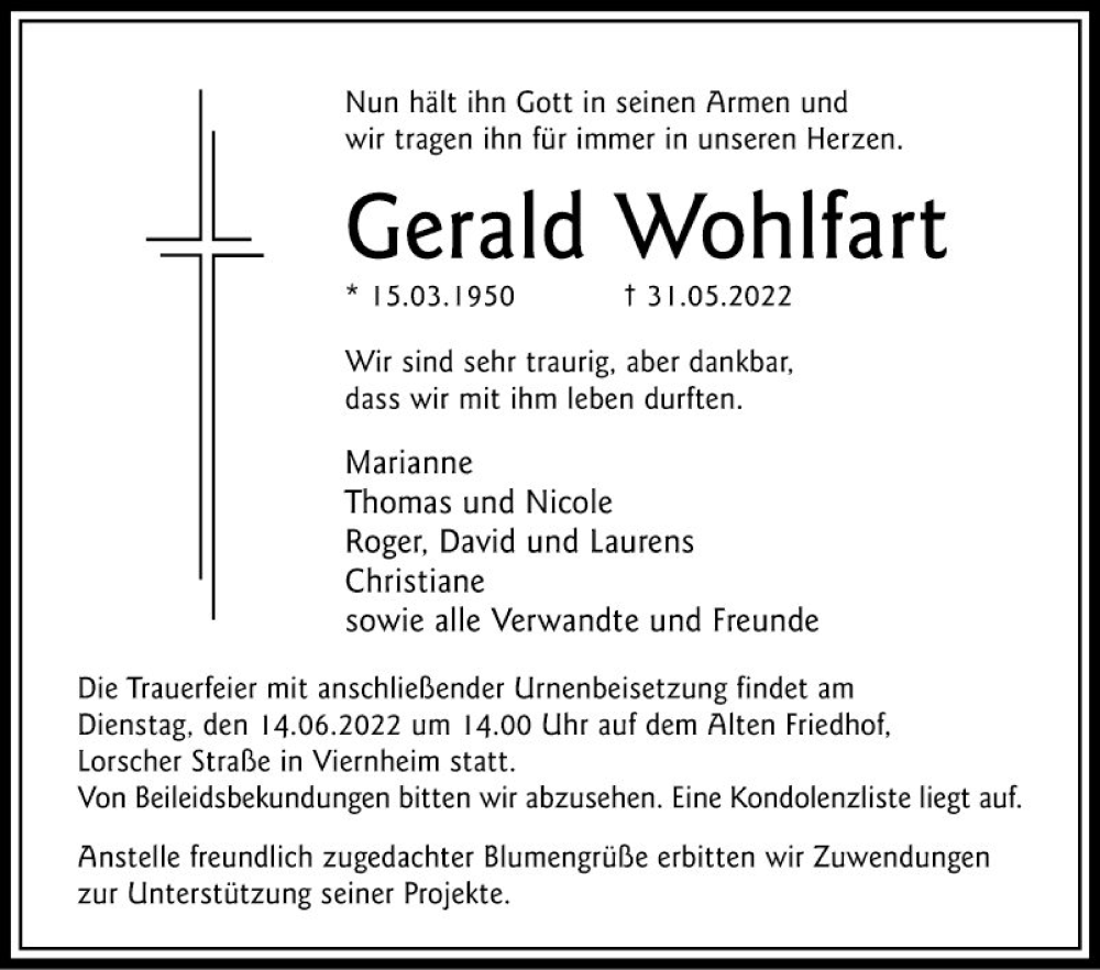  Traueranzeige für Gerald Wohlfart vom 10.06.2022 aus Mannheimer Morgen
