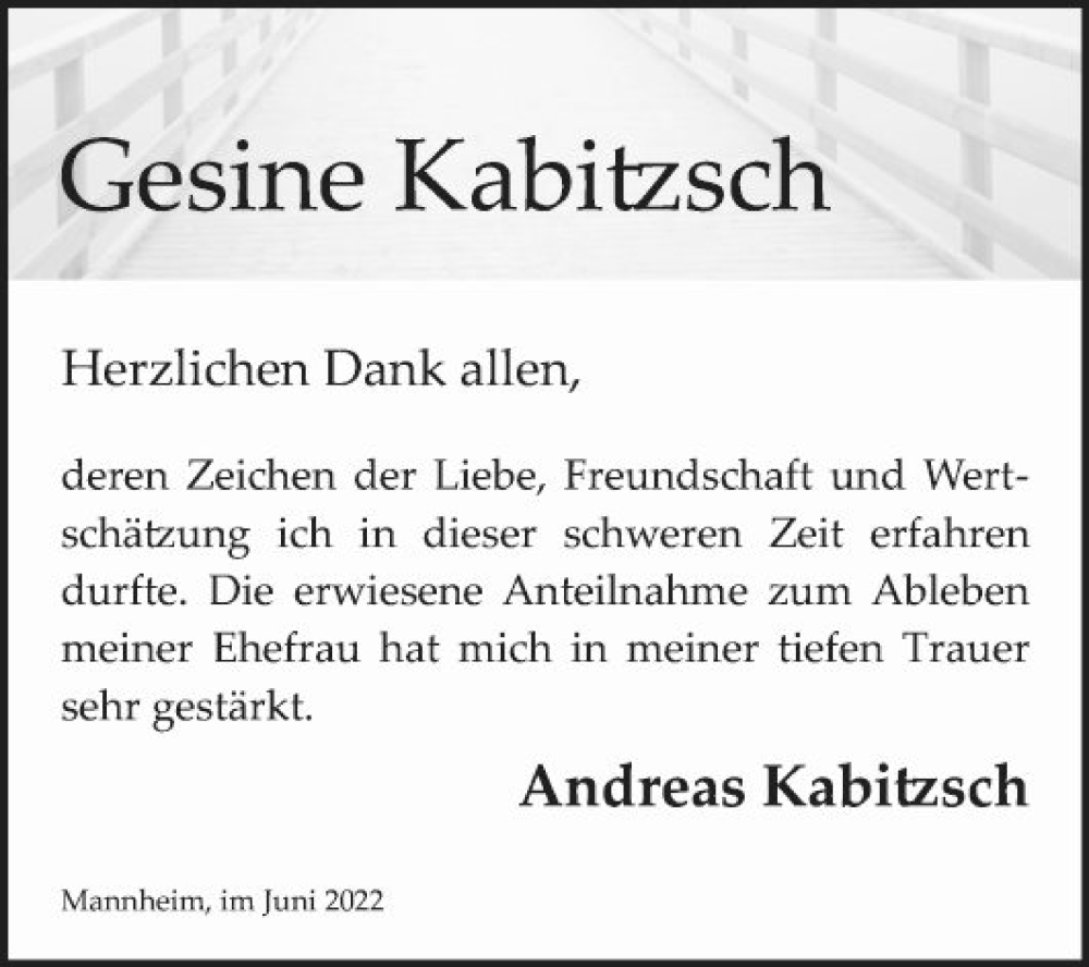  Traueranzeige für Gesine Kabitzsch vom 18.06.2022 aus Mannheimer Morgen