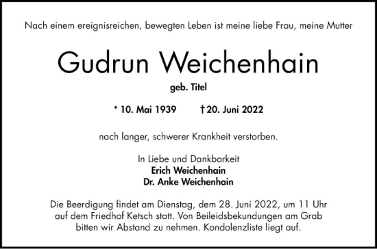 Traueranzeige von Gudrun Weichenhain von Schwetzinger Zeitung