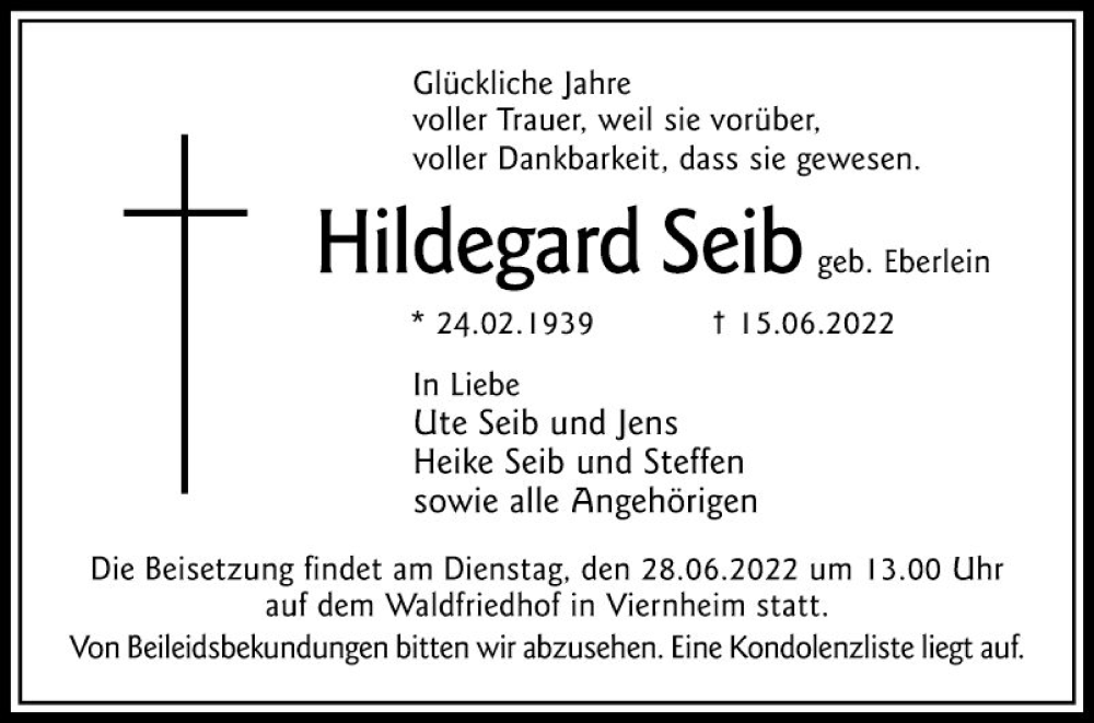  Traueranzeige für Hildegard Seib vom 22.06.2022 aus Mannheimer Morgen