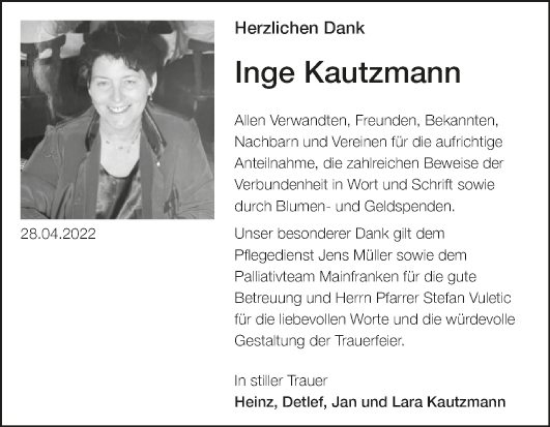 Traueranzeige von Inge Kautzmann von Fränkische Nachrichten