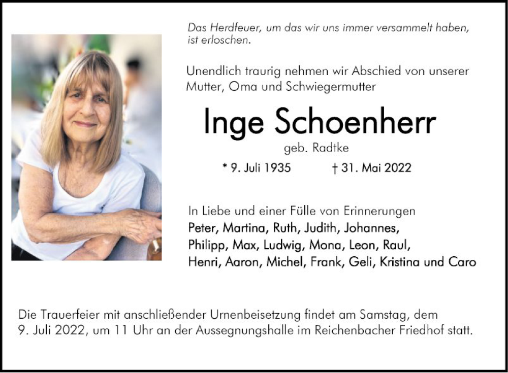  Traueranzeige für Inge Schoenherr vom 11.06.2022 aus Bergsträßer Anzeiger