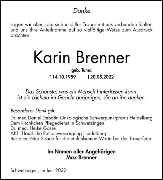 Traueranzeige von Karin Brenner von Schwetzinger Zeitung