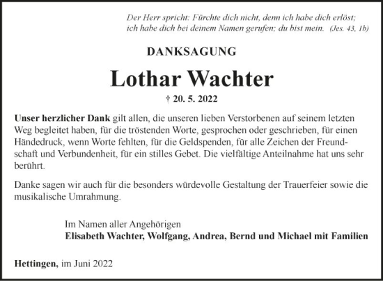 Traueranzeige von Lothar Wachter von Fränkische Nachrichten