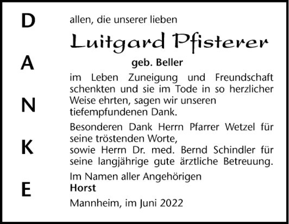  Traueranzeige für Luitgard Pfisterer vom 04.06.2022 aus Mannheimer Morgen