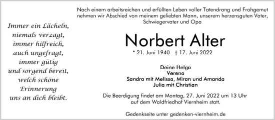 Traueranzeige von Norbert Alter von Mannheimer Morgen