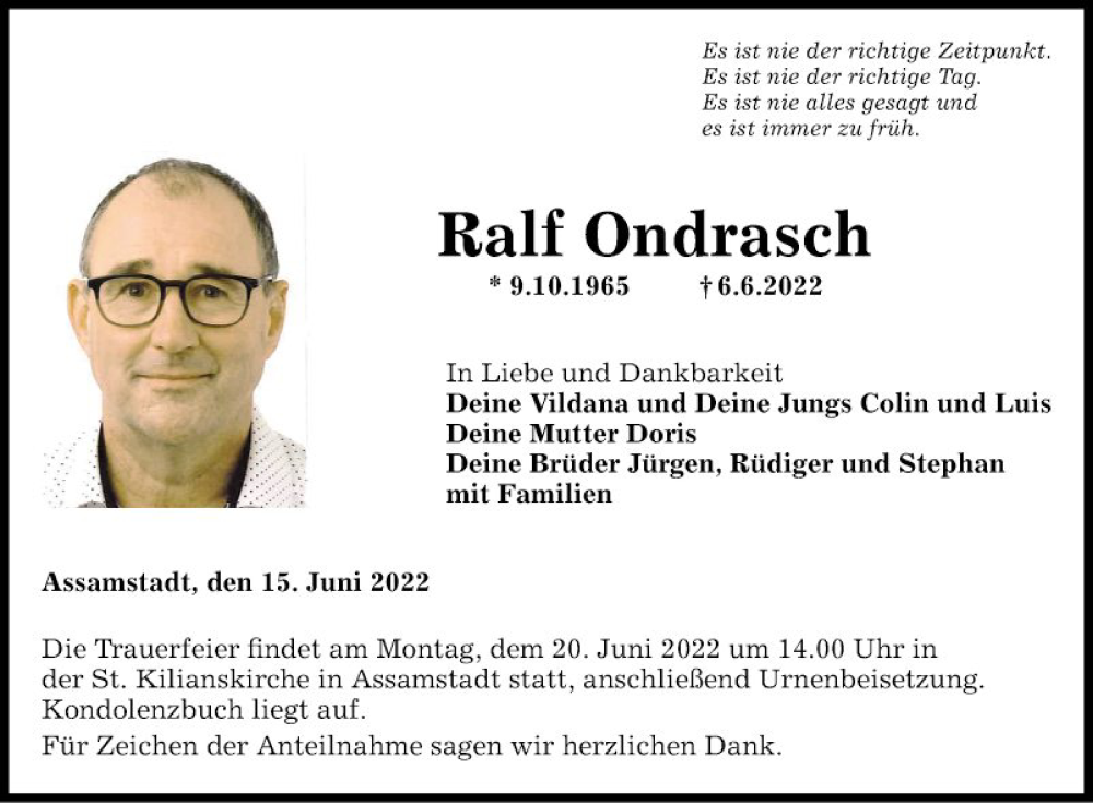  Traueranzeige für Ralf Ondrasch vom 15.06.2022 aus Fränkische Nachrichten
