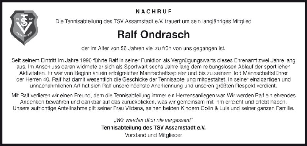 Traueranzeige für Ralf Ondrasch vom 17.06.2022 aus Fränkische Nachrichten