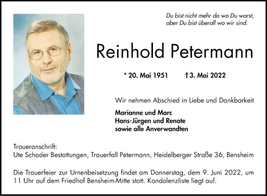 Traueranzeige von Reinhold Petermann von Bergsträßer Anzeiger