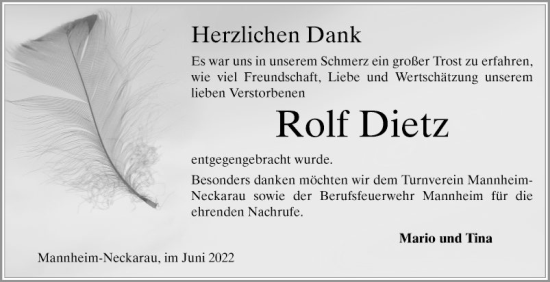 Traueranzeige von Rolf Dietz von Mannheimer Morgen