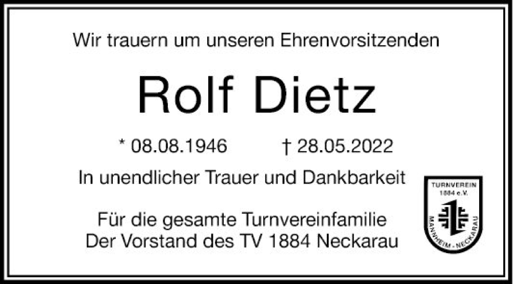  Traueranzeige für Rolf Dietz vom 09.06.2022 aus Mannheimer Morgen