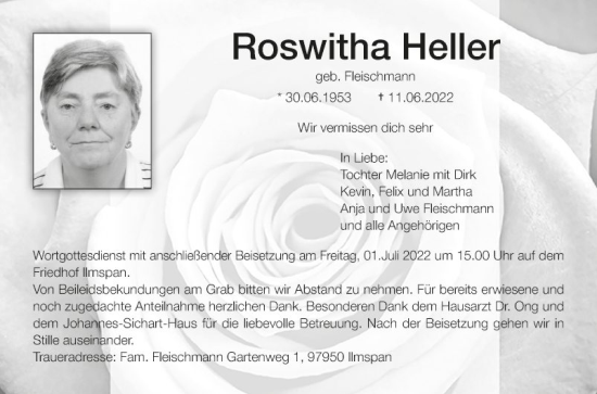 Traueranzeige von Roswitha Heller von Fränkische Nachrichten