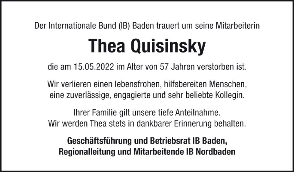  Traueranzeige für Thea Quisinsky vom 02.06.2022 aus Mannheimer Morgen