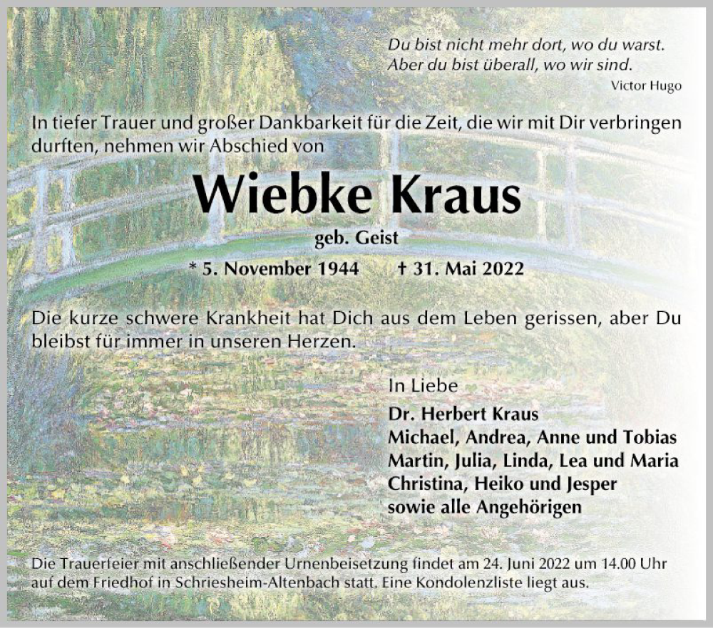  Traueranzeige für Wiebke Kraus vom 11.06.2022 aus Mannheimer Morgen