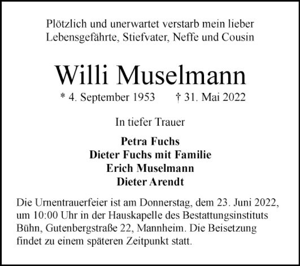  Traueranzeige für Willi Muselmann vom 18.06.2022 aus Mannheimer Morgen