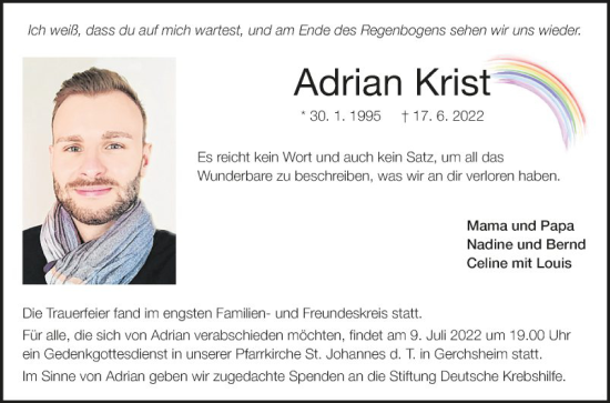 Traueranzeige von Adrian Krist von Fränkische Nachrichten