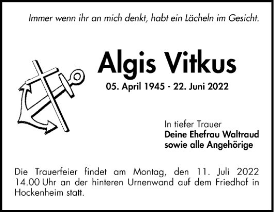 Traueranzeige von Algis Vitkus von Schwetzinger Zeitung