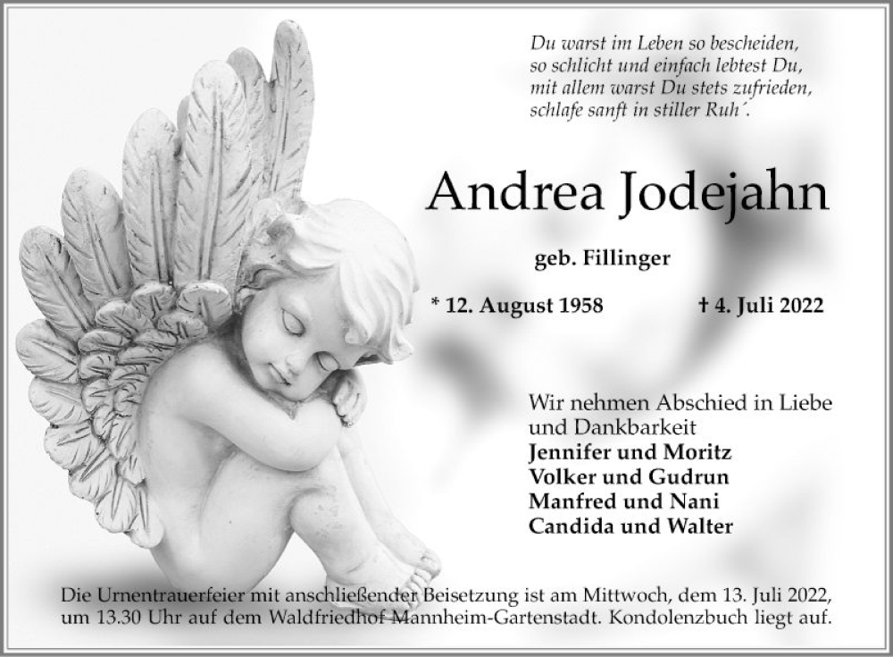  Traueranzeige für Andrea Jodejahn vom 09.07.2022 aus Mannheimer Morgen