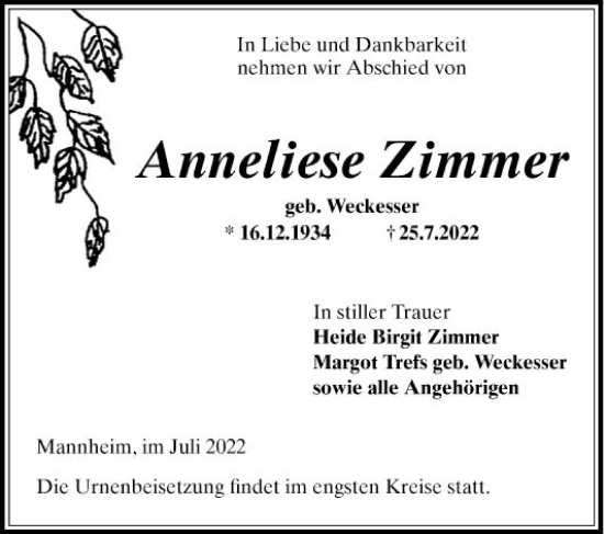 Traueranzeige von Anneliese Zimmer von Mannheimer Morgen