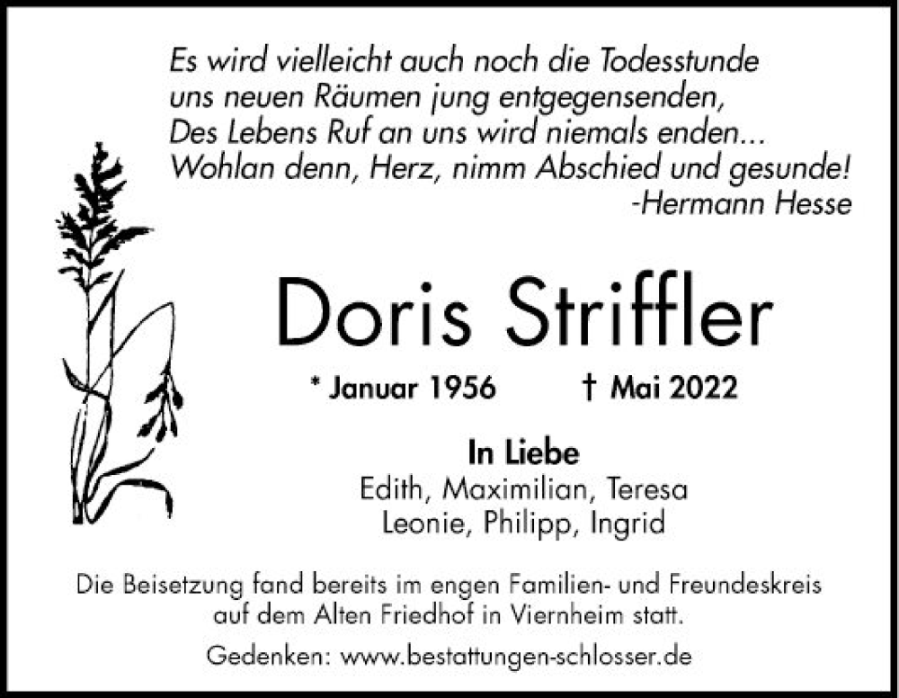  Traueranzeige für Doris Striffler vom 02.07.2022 aus Mannheimer Morgen
