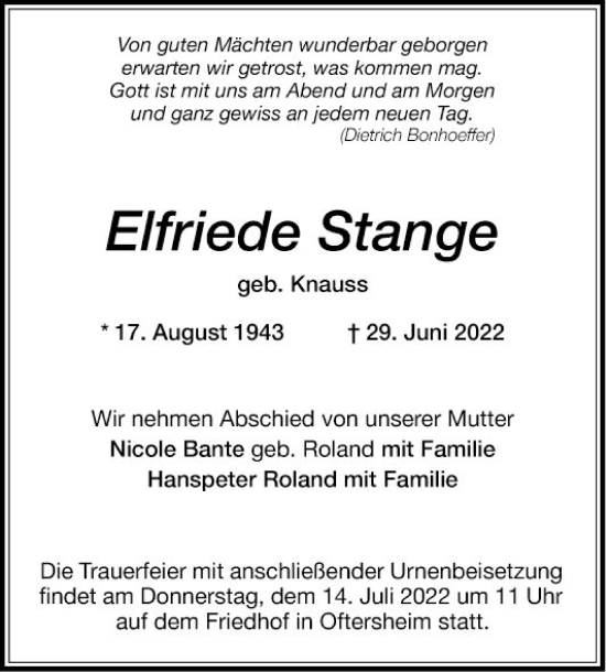 Traueranzeige von Elfriede Stange von Schwetzinger Zeitung