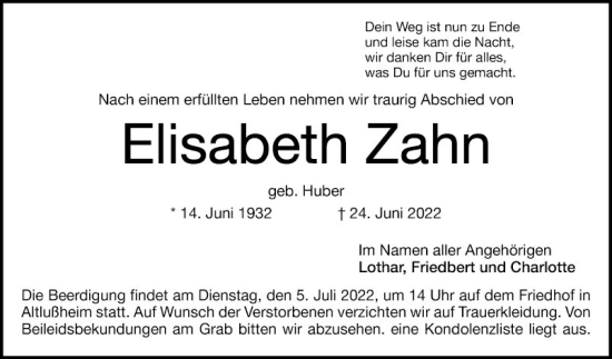 Traueranzeige von Elisabeth Zahn von Schwetzinger Zeitung