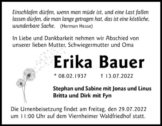 Traueranzeige von Erika Bauer von Mannheimer Morgen