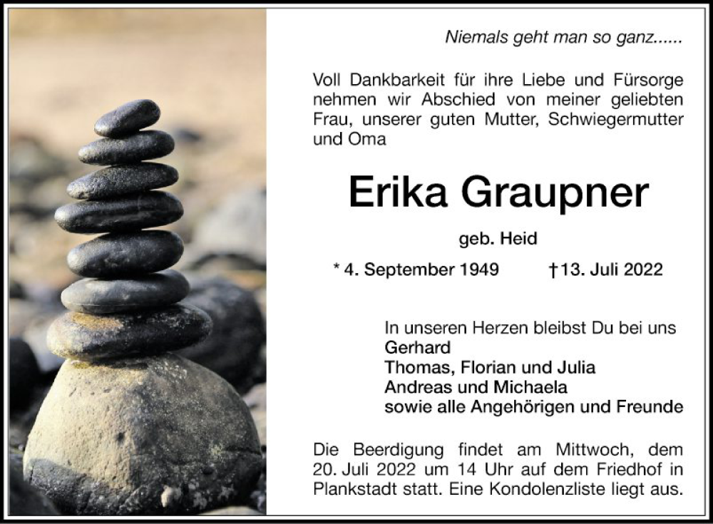  Traueranzeige für Erika Graupner vom 16.07.2022 aus Schwetzinger Zeitung