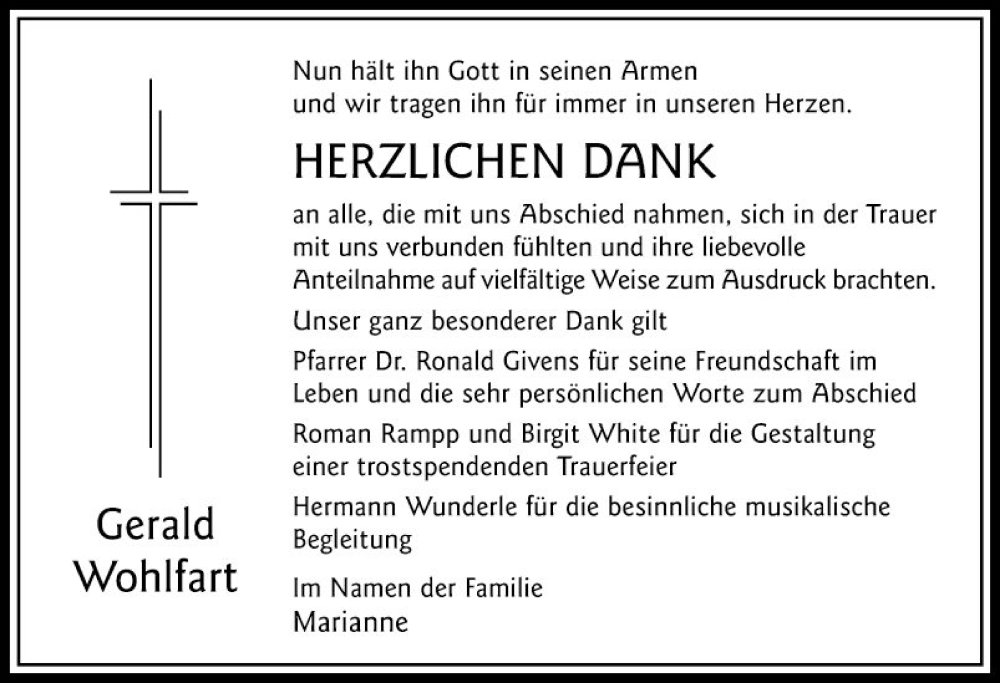  Traueranzeige für Gerald Wohlfart vom 02.07.2022 aus Mannheimer Morgen