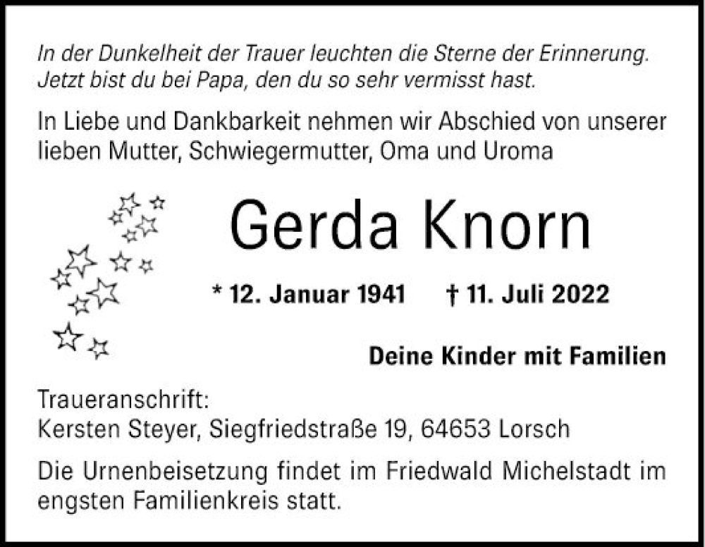  Traueranzeige für Gerda Knorn vom 16.07.2022 aus Mannheimer Morgen