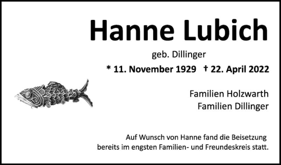 Traueranzeige von Hanne Lubich von Mannheimer Morgen