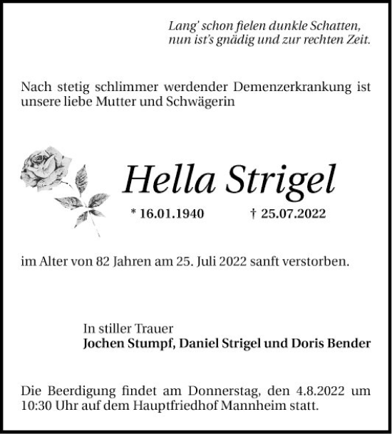 Traueranzeige von Hella Strigel von Mannheimer Morgen