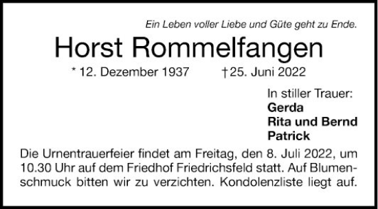 Traueranzeige von Horst Rommelfangen von Mannheimer Morgen