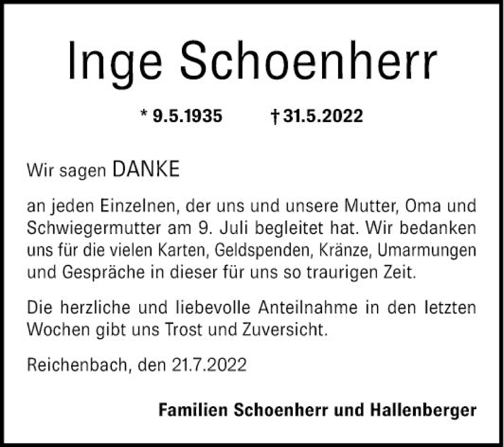  Traueranzeige für Inge Schoenherr vom 23.07.2022 aus Bergsträßer Anzeiger