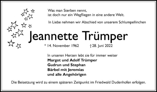 Traueranzeige von Jeanette Trümper von Schwetzinger Zeitung