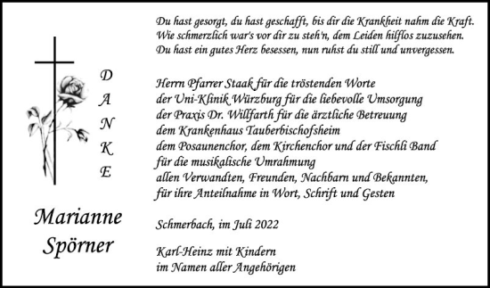 Traueranzeige von Marianne Spörner von Fränkische Nachrichten