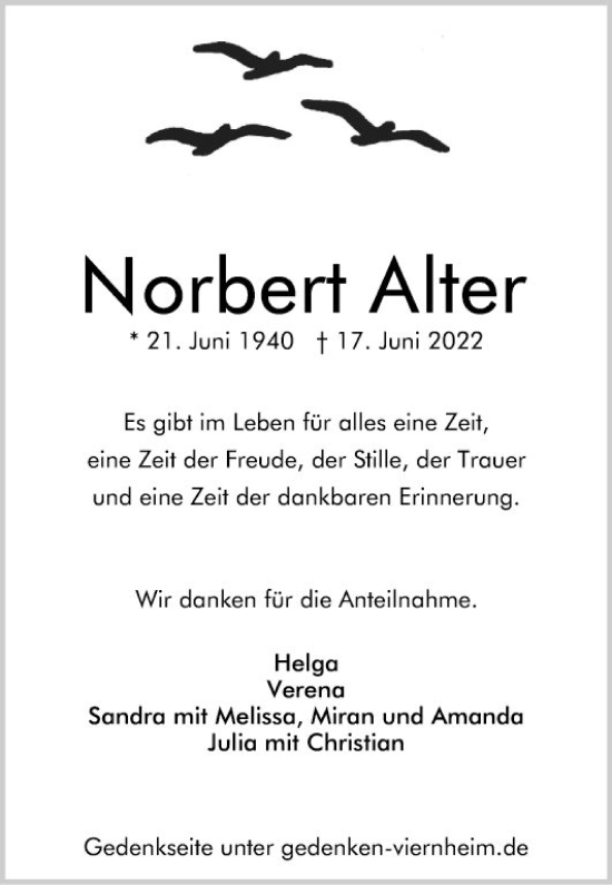 Traueranzeige von Norbert Alter von Mannheimer Morgen