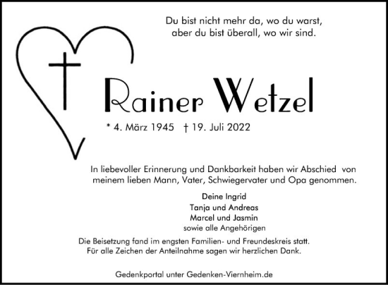 Traueranzeige von Rainer Wetzel von Mannheimer Morgen