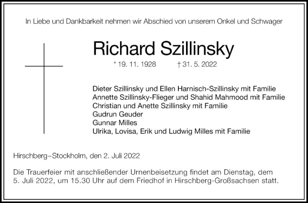  Traueranzeige für Richard Szillinsky vom 02.07.2022 aus Mannheimer Morgen