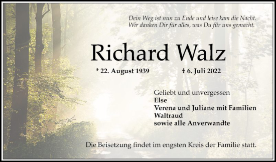 Traueranzeige von Richard Walz von Mannheimer Morgen