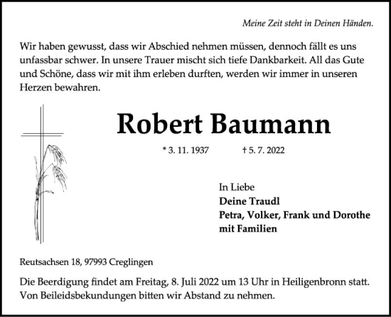 Traueranzeige von Robert Baumann von Fränkische Nachrichten