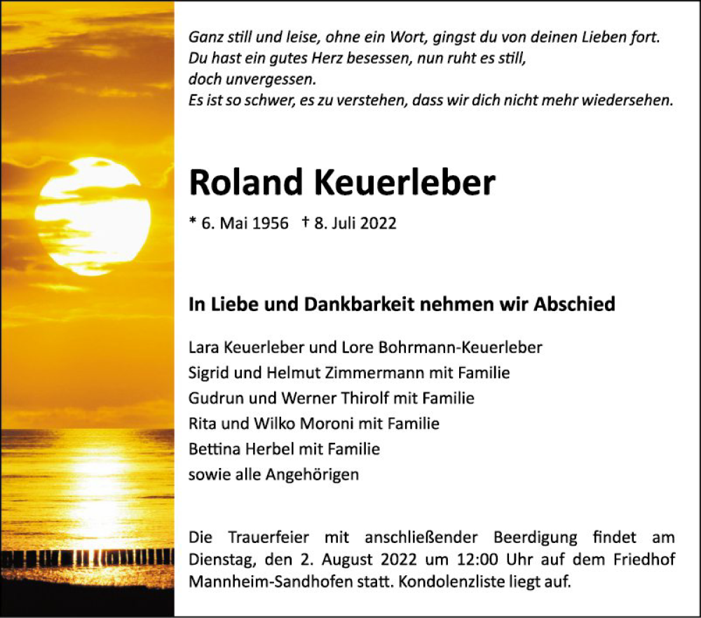  Traueranzeige für Roland Keuerleber vom 23.07.2022 aus Mannheimer Morgen