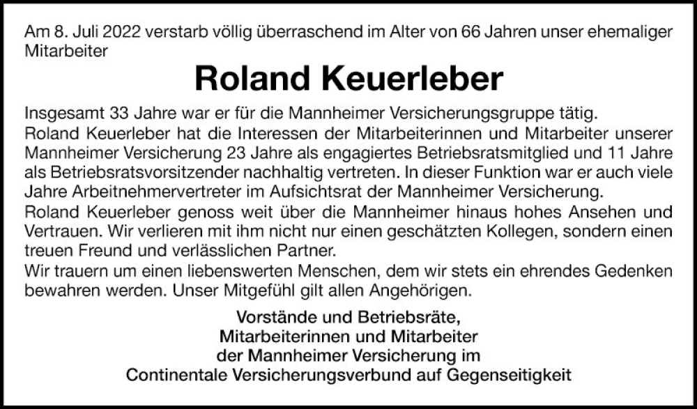  Traueranzeige für Roland Keuerleber vom 23.07.2022 aus Mannheimer Morgen