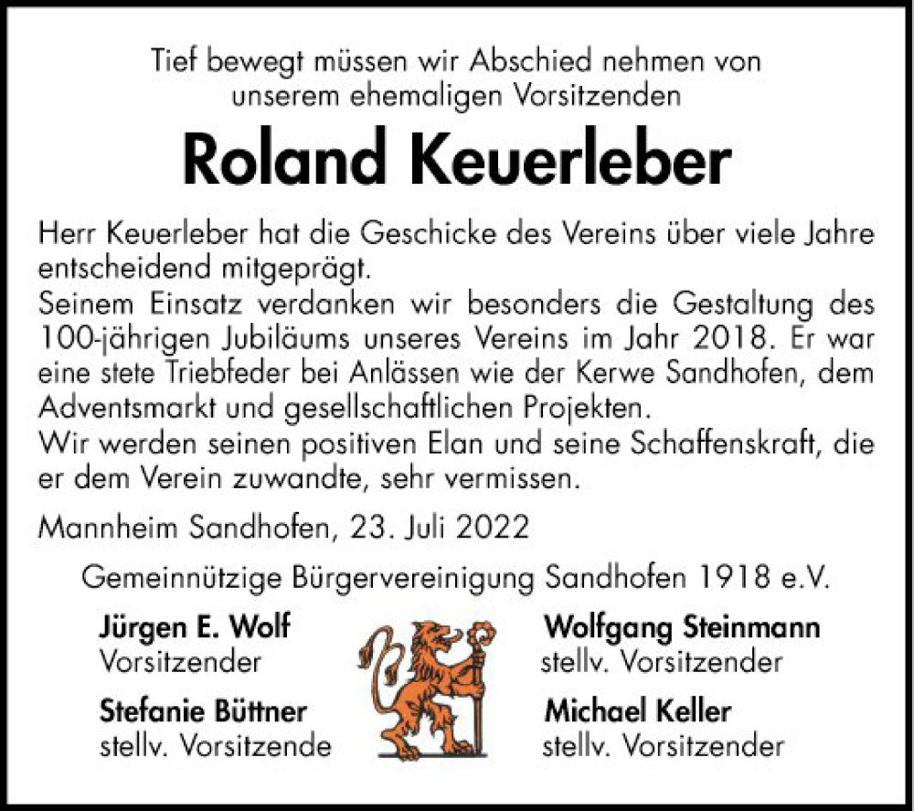  Traueranzeige für Roland Keuerleber vom 23.07.2022 aus Mannheimer Morgen