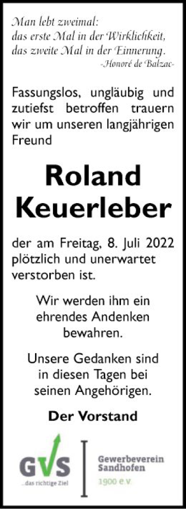  Traueranzeige für Roland Keuerleber vom 23.07.2022 aus Mannheimer Morgen