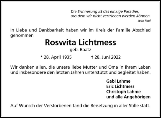 Traueranzeige von Roswita Lichtmess von Mannheimer Morgen