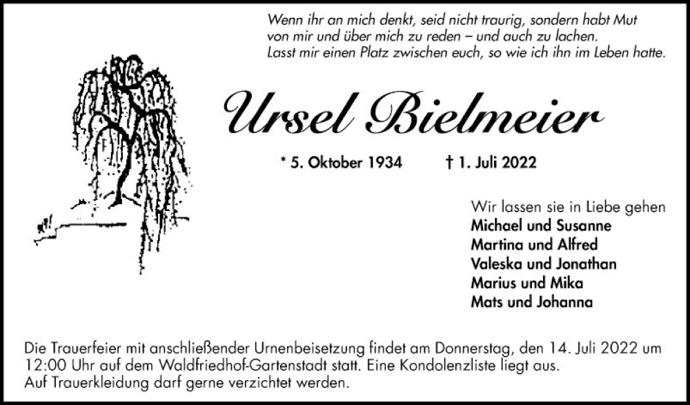  Traueranzeige für Ursel Bielmeier vom 09.07.2022 aus Mannheimer Morgen