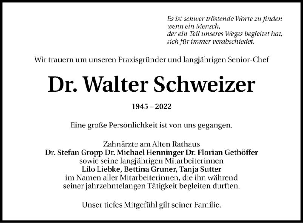  Traueranzeige für Walter Schweizer vom 23.07.2022 aus Mannheimer Morgen
