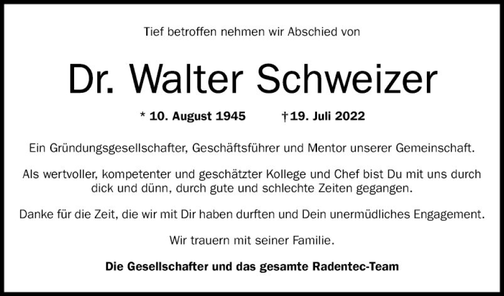  Traueranzeige für Walter Schweizer vom 23.07.2022 aus Mannheimer Morgen